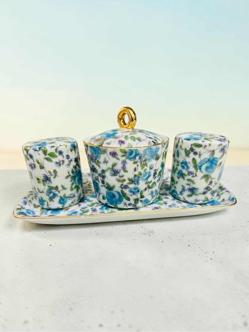 Vintage Royal Crown Devon Blue Rose Chintz Condiment Set Tray England